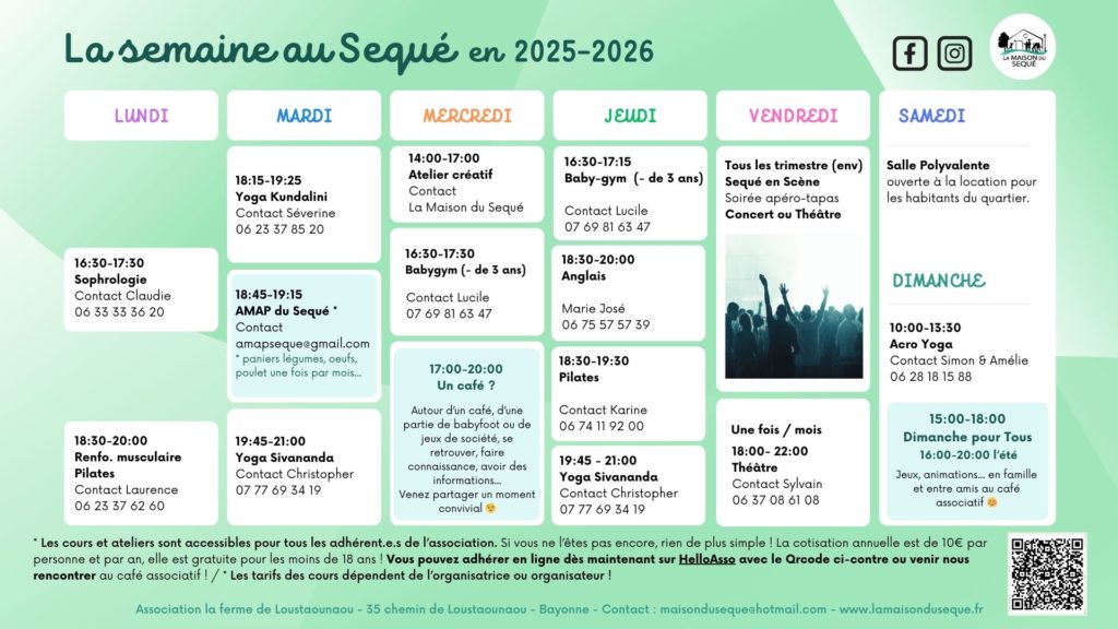Planning des cours et activités à la Maison du Sequé pour 2025-2026